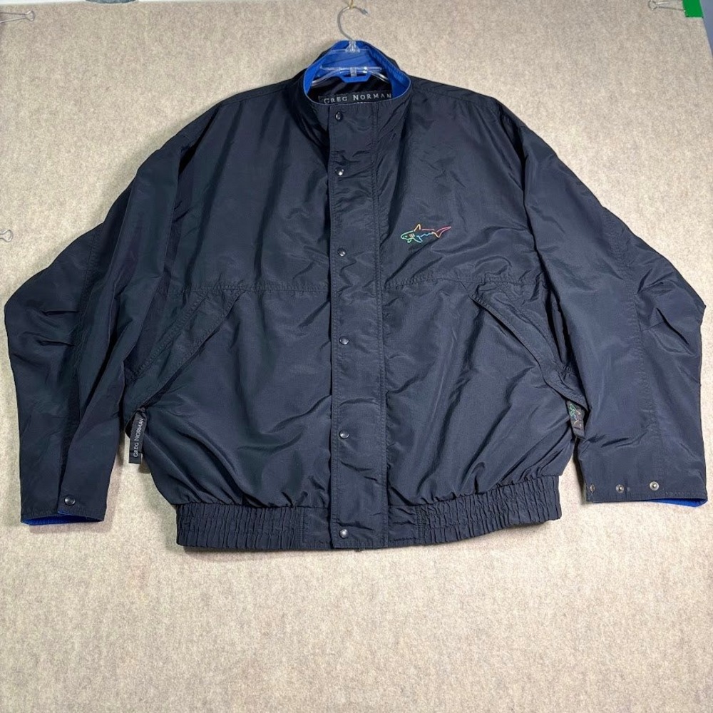 Greg Norman Jacket Mens XL Black Nylon Golf Windbreaker Shark Logo Vintage Y2k